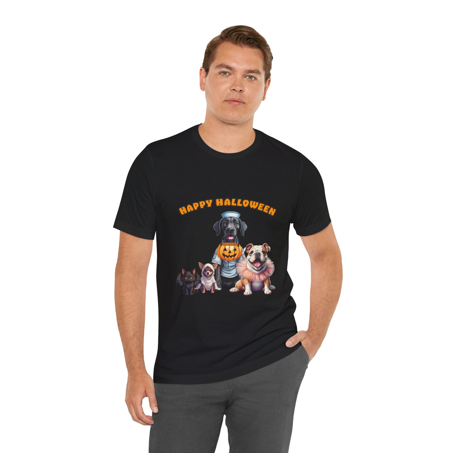 Happy Halloween Pet Parade Shirt – Cute Halloween Dogs and Cat in Costumes. Unisex Jersey Short Sleeve Tee