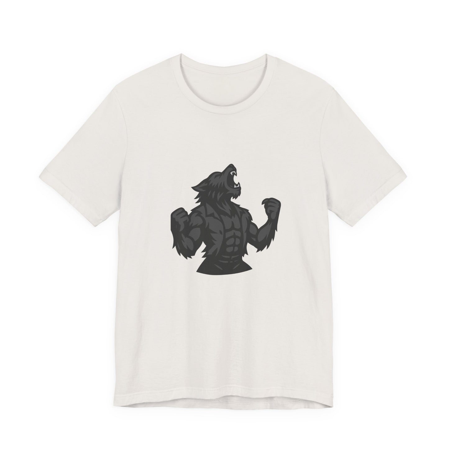 Werewolf Transformation T-Shirt – Dark Theme Grayscale Muscular Monster Design on Black Tee with Savage Energy and Modern Ghost Effect. Unisex Jersey Short Sleeve Tee