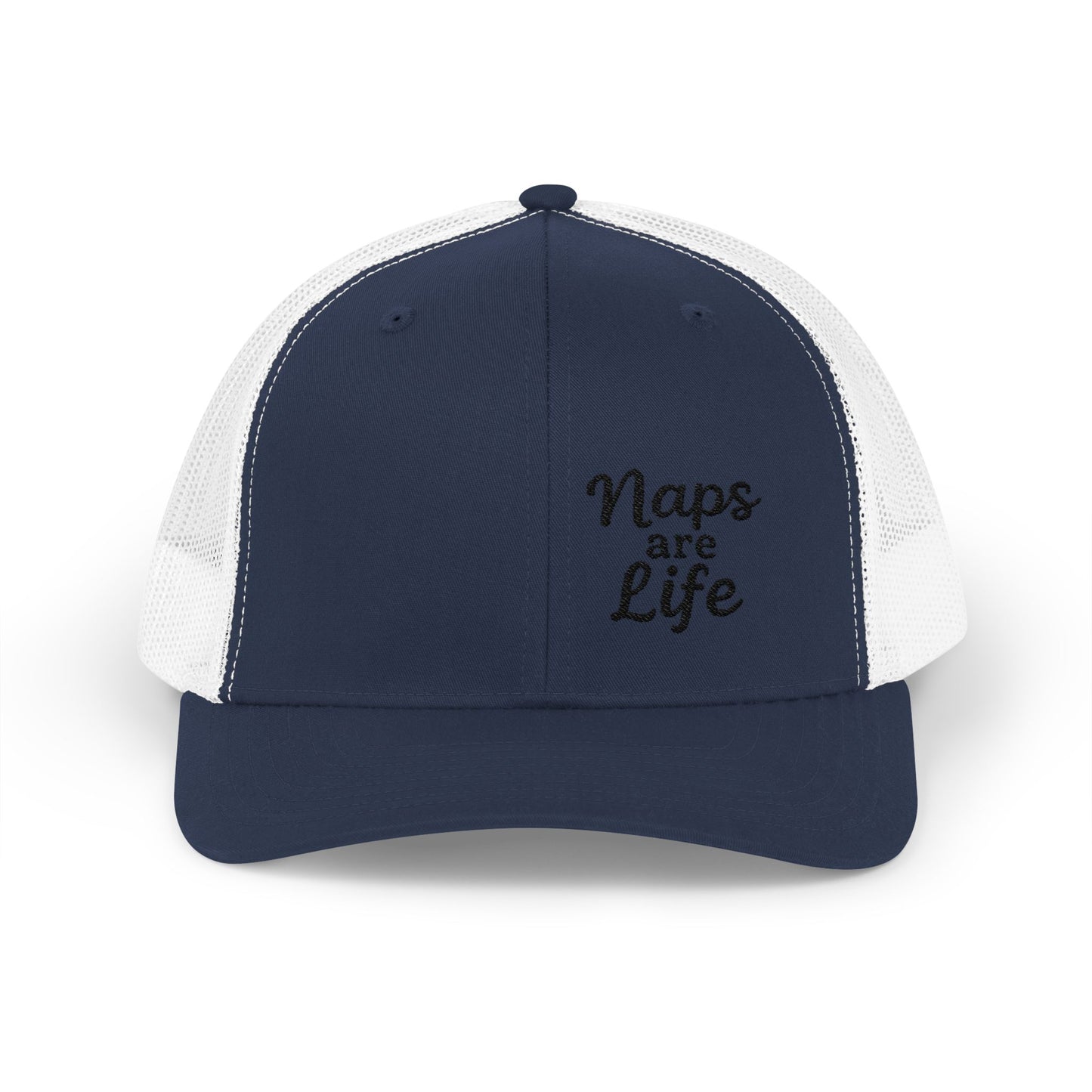 Naps Are Life Trucker Hat – Embroidered Funny Hat for Pro-Level Nappers. Black Letters
