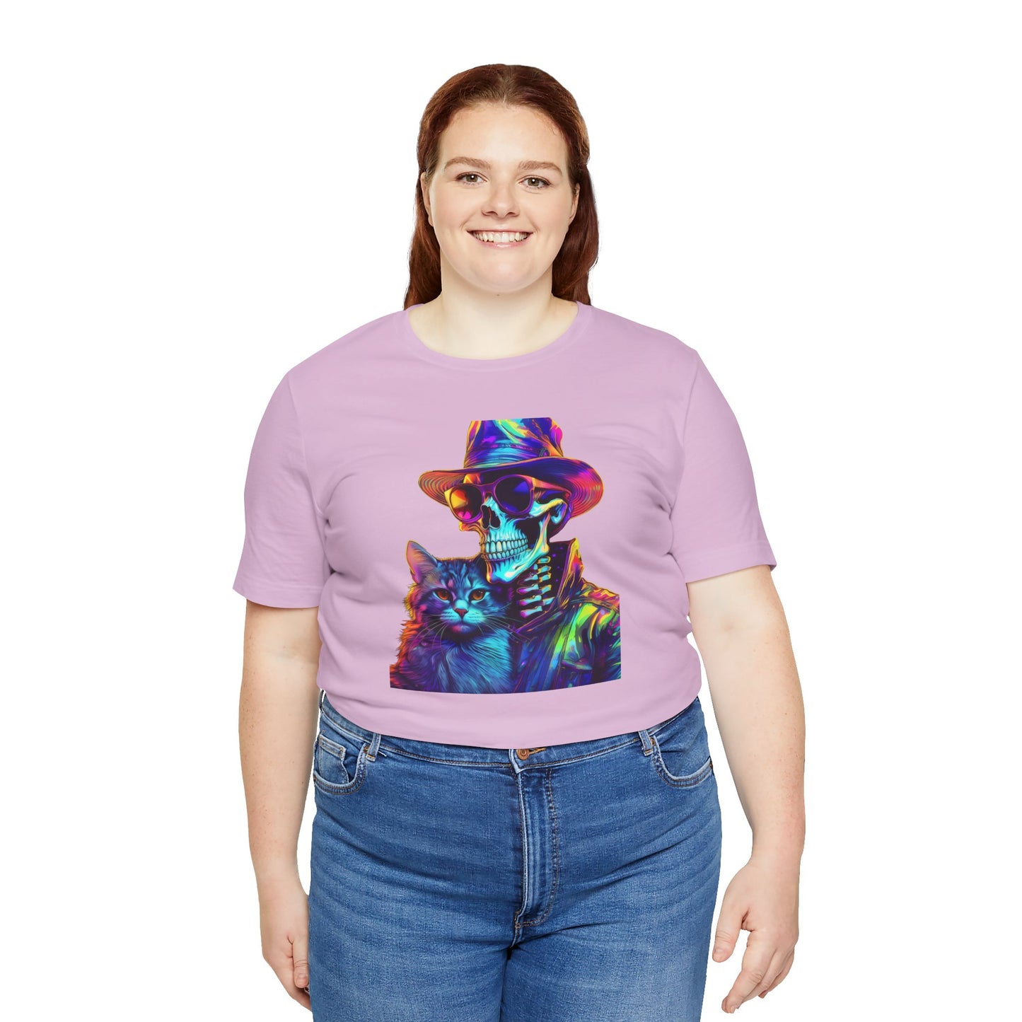 Cool Skeleton and Cat Halloween Shirt – Neon Retro Horror Graphic Tee for Spooky Style and Cat Lovers