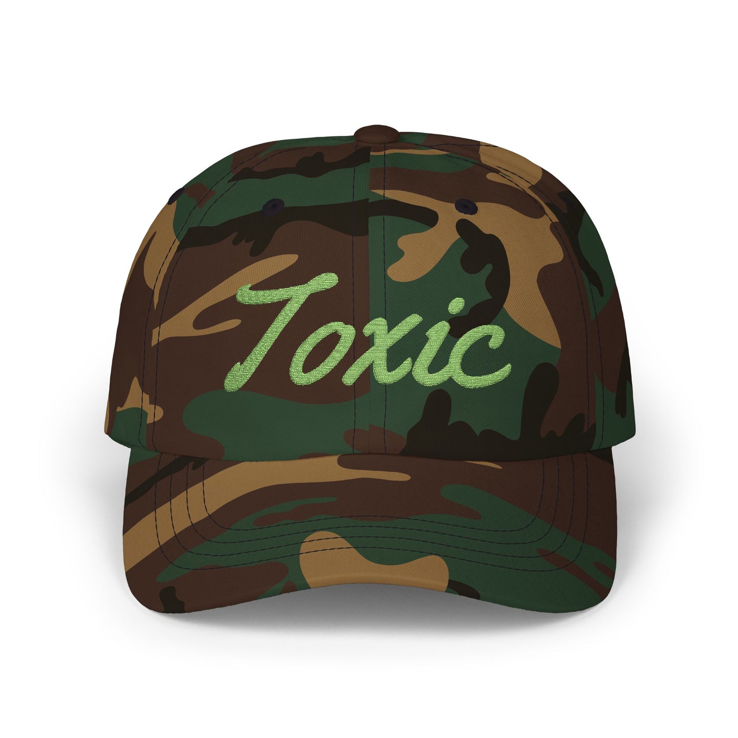 Toxic Embroidered Classic Dad Hat – Green Script Baseball Hat with Ironic Flair for Agents of Chaos and Certified Trouble