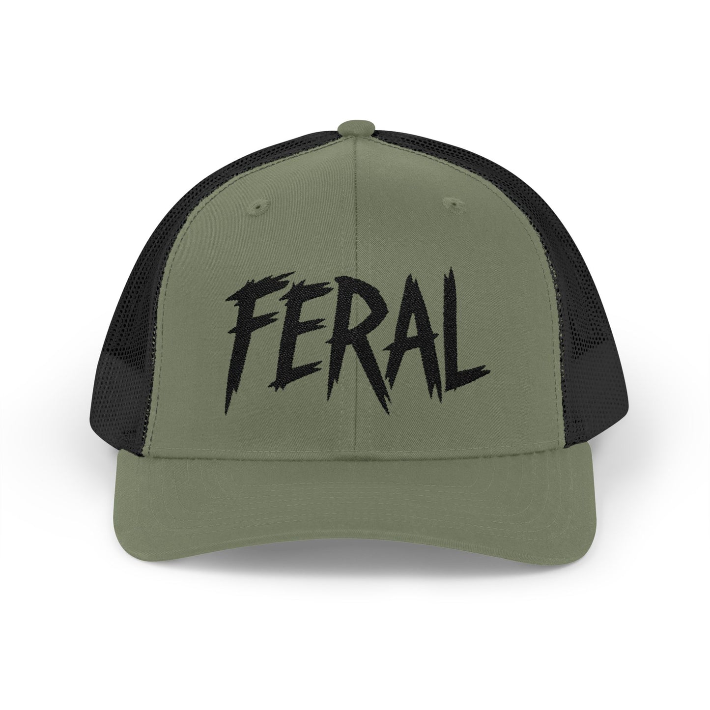 FERAL Embroidered Trucker Hat – Bold Statement Baseball Hat with Wild Energy Font for Rebels, Misfits, and Chaos Enthusiasts