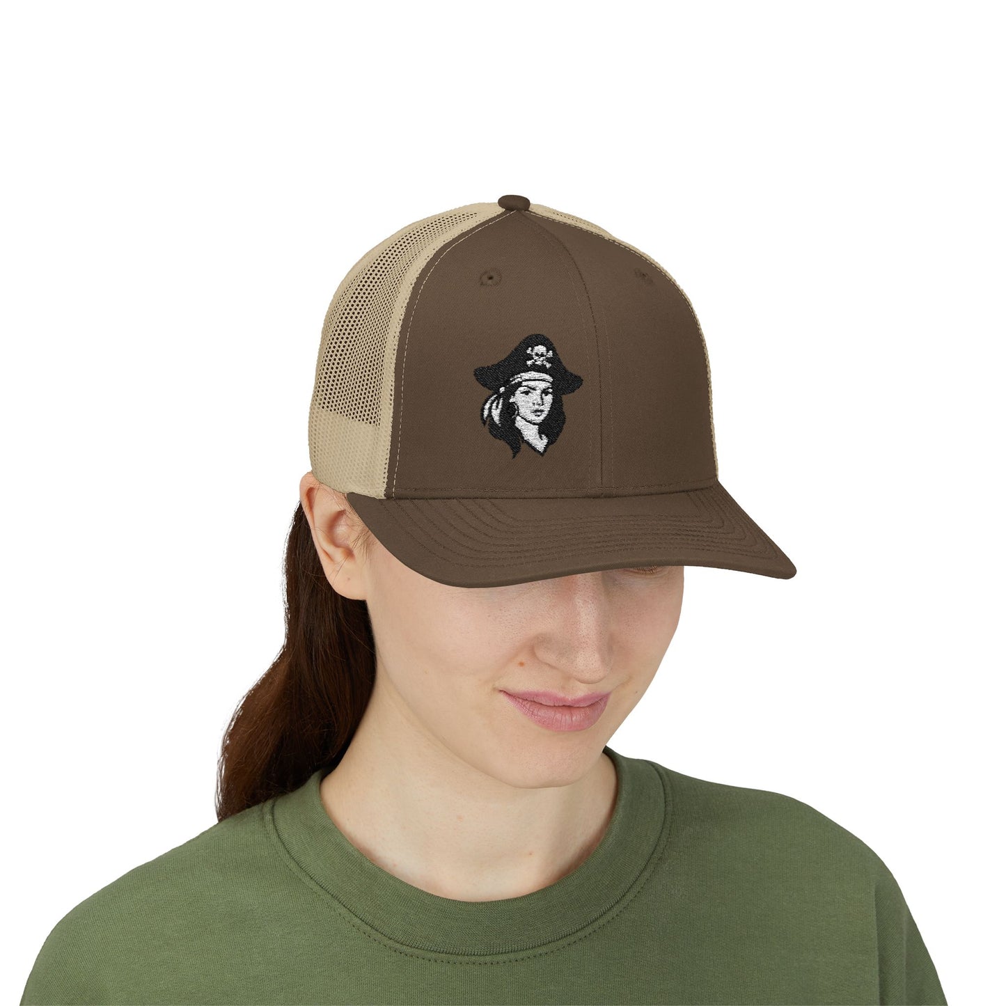 Hot Pirate Girl Trucker Hat – Bold Skull and Crossbones Hat with Retro Attitude and Seafaring Sass