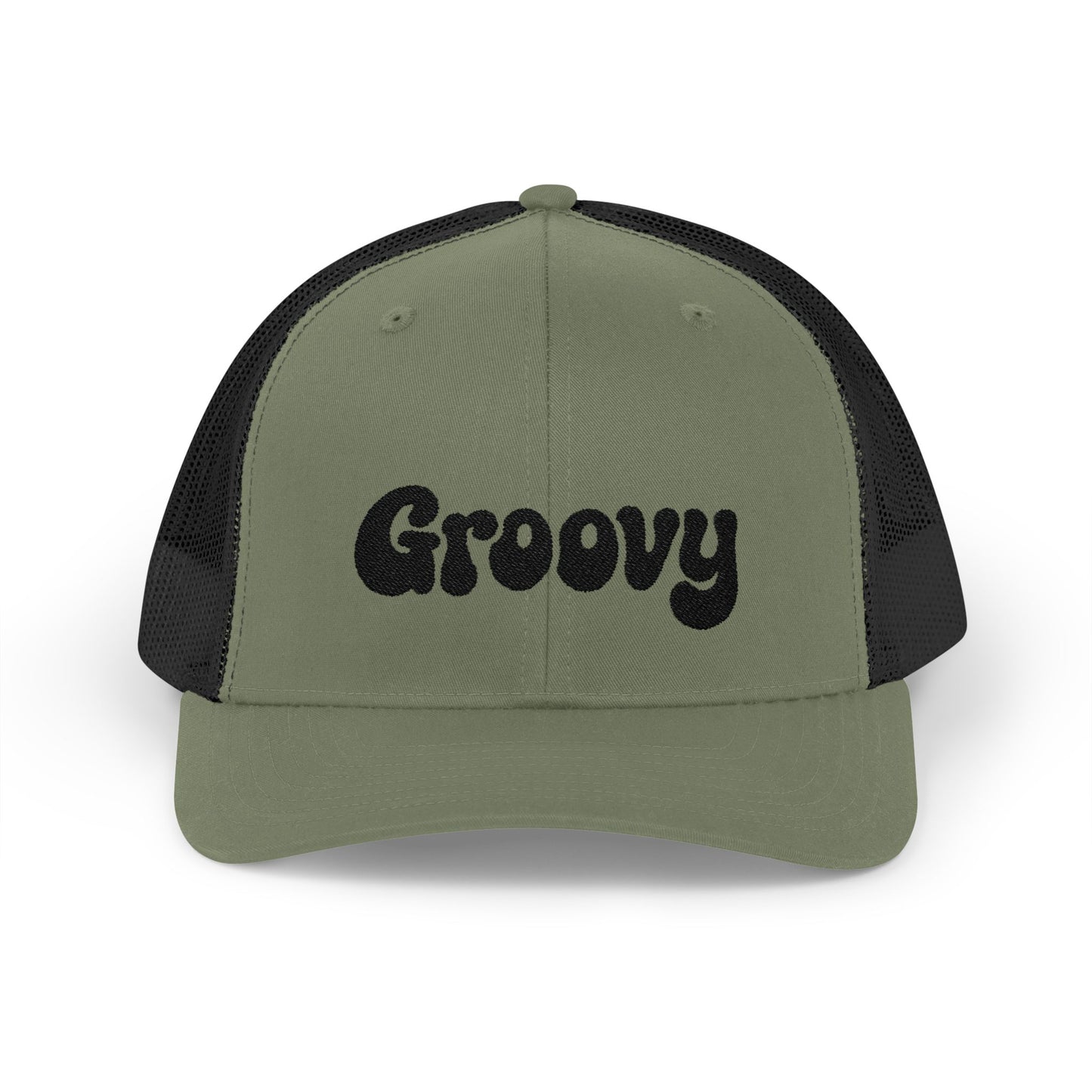 Groovy Trucker Hat – Retro Embroidered Hat with 70s Style Font for Funky Vibes, Chill Days, and Vintage Cool. Black Letters