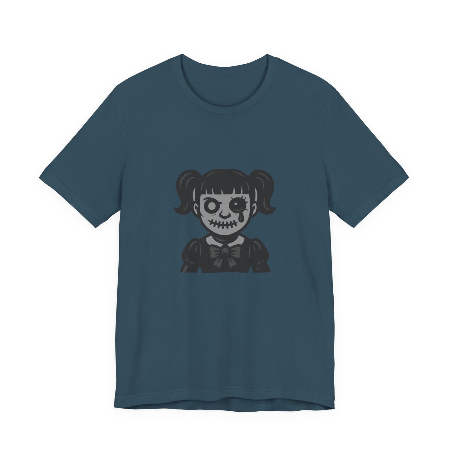 Scary Doll Graphic T-Shirt – Dark Theme Grayscale Creepy Cute Girl Design on Black Tee with Haunted Vibes and Modern Ghost Effect. Unisex Jersey Short Sleeve Tee