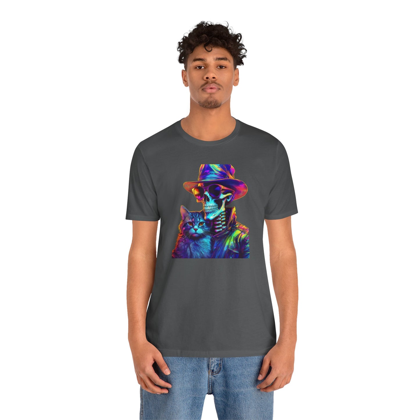 Cool Skeleton and Cat Halloween Shirt – Neon Retro Horror Graphic Tee for Spooky Style and Cat Lovers