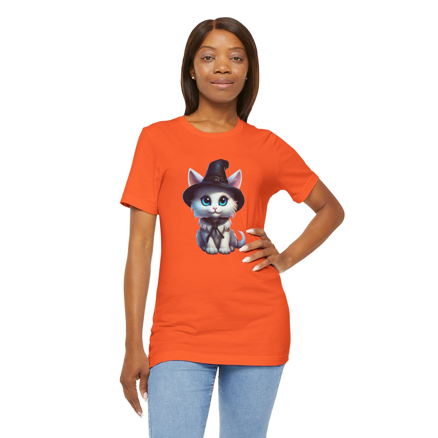 Adorable Witch Cat Halloween Shirt – Cute White Cat in Hat Graphic Tee for Cat Lovers and Halloween Fans