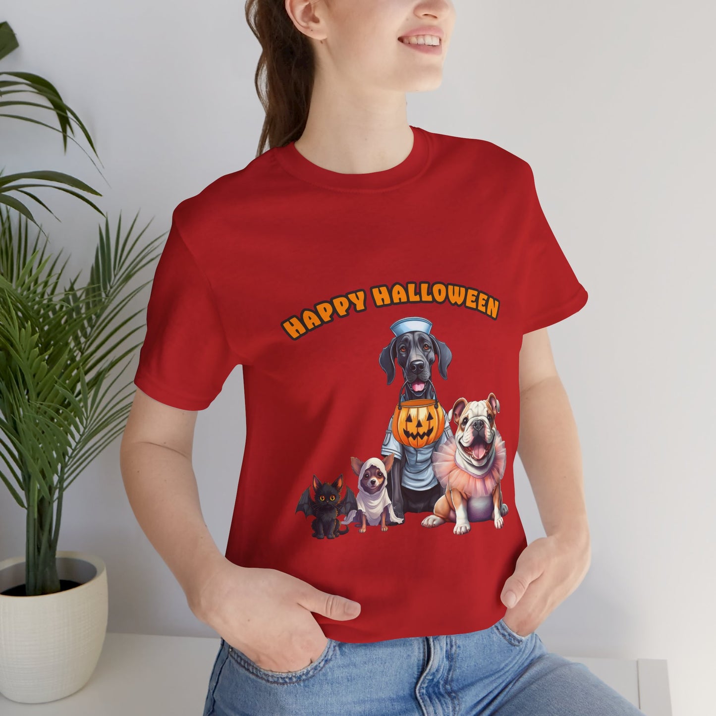 Happy Halloween Pet Parade Shirt – Cute Halloween Dogs and Cat in Costumes. Unisex Jersey Short Sleeve Tee
