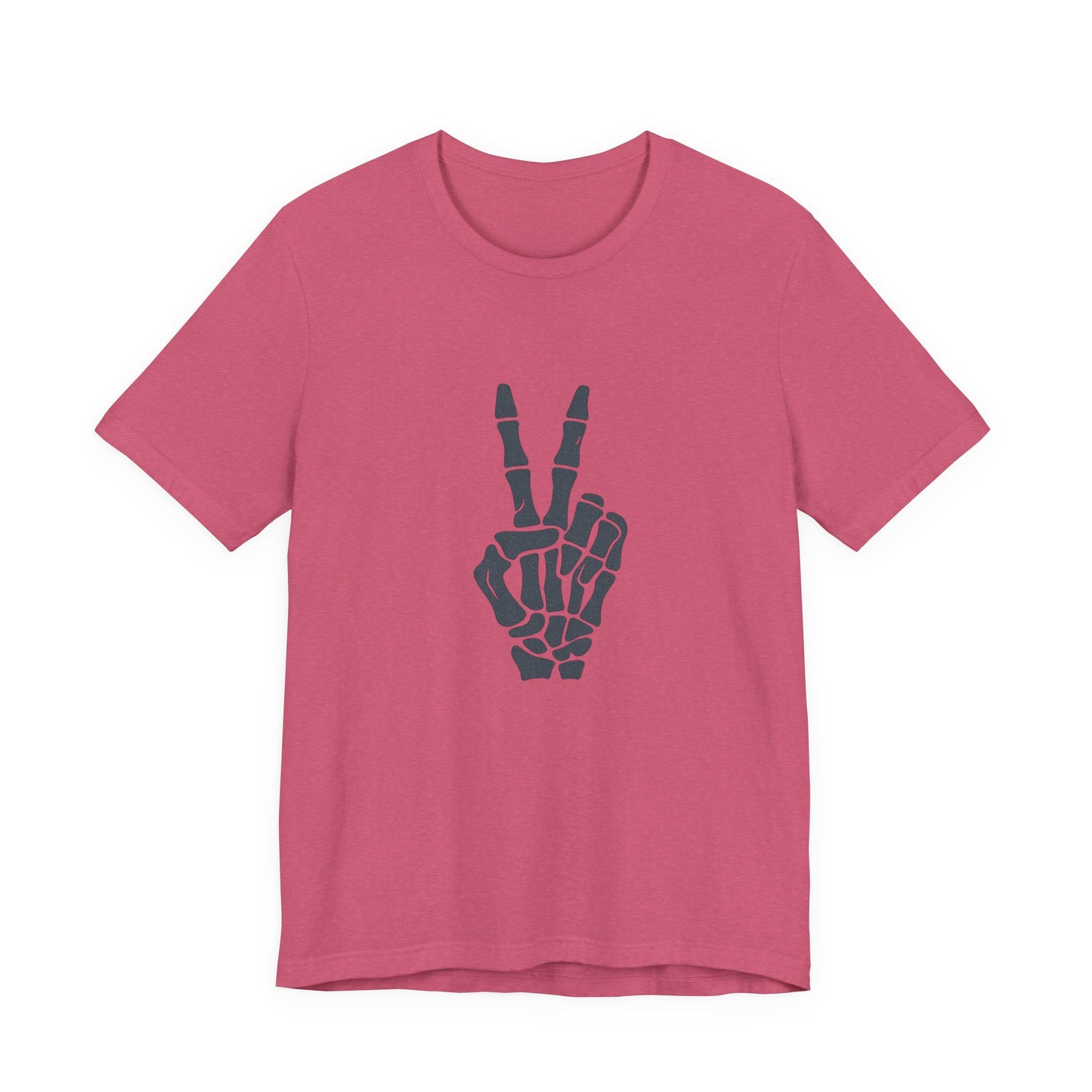 Skeleton Peace Hand Graphic T-Shirt – Gritty Dark Theme Grayscale Bones on Black Tee with Rebellious Calm and Modern Ghost Effect. Unisex Jersey Short Sleeve Tee