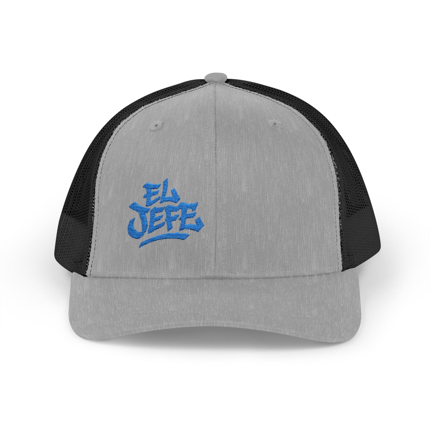 El Jefe Trucker Hat – Embroidered Bold Text Hat for Boss Energy, Leadership Style, and Latin Flair. Blue Letters