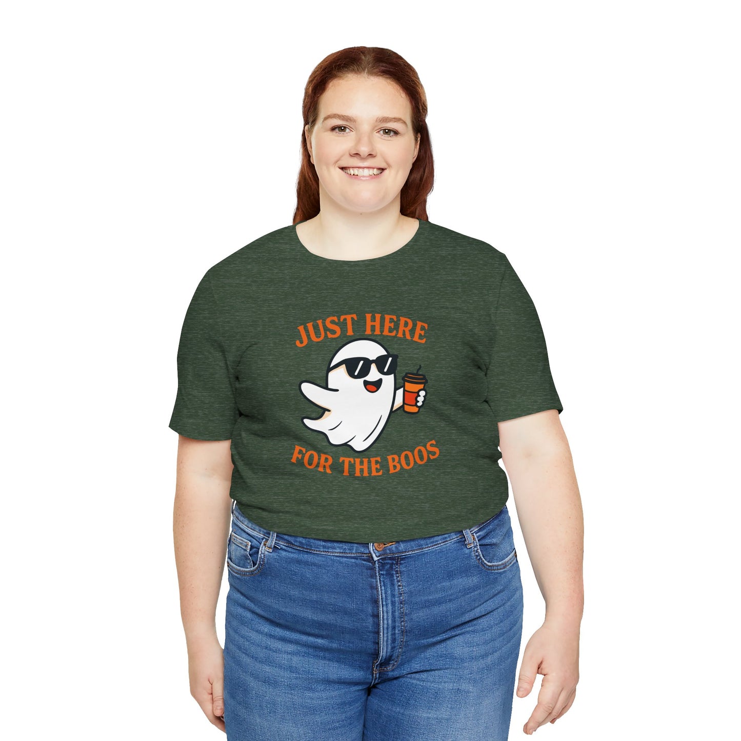Just Here for the Boos Halloween Shirt – Funny Ghost Drinking Coffee Graphic Tee for Spooky Season