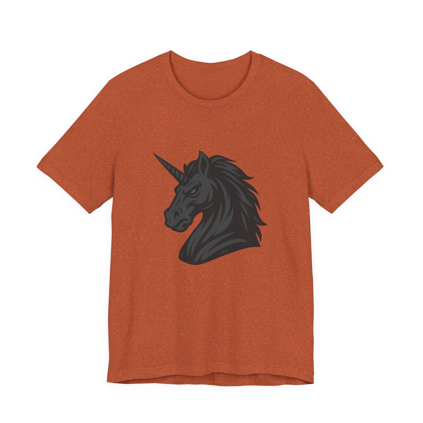 Dark Unicorn Profile T-Shirt – Dark Theme Grayscale Fierce Mythical Horse Design on Black Tee with Gothic Magic and Modern Ghost Effect. Unisex Jersey Short Sleeve Tee