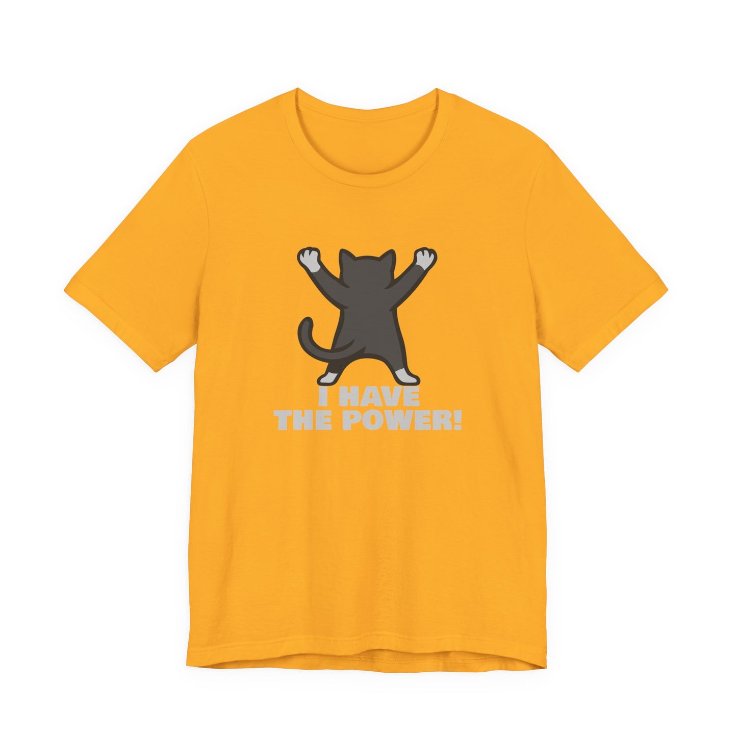 I Have the Power Cat Shirt – Hilarious Victory Pose in Dark Theme Feline Graphic Style. Unisex Jersey Short Sleeve Tee