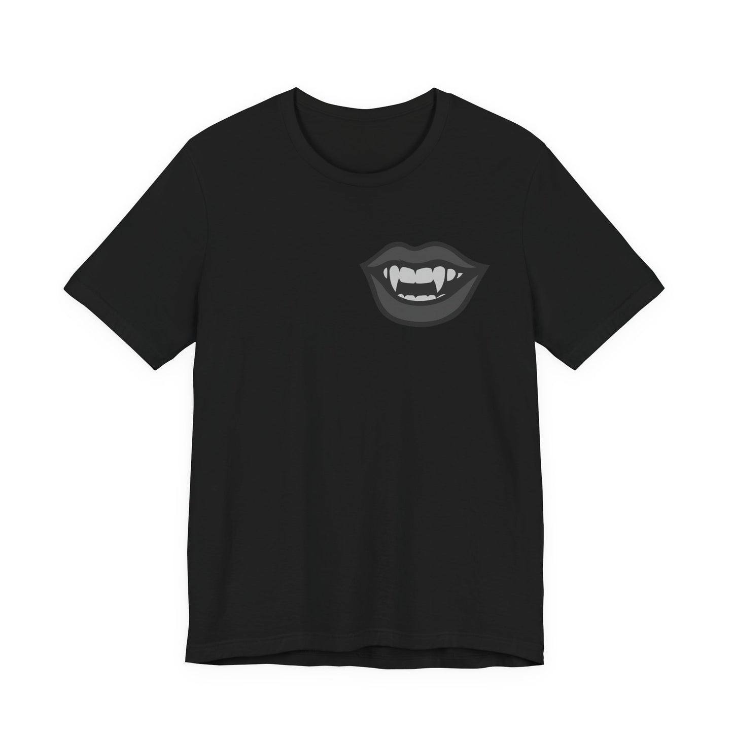 Vampire Mouth Graphic T-Shirt – Dark Theme Grayscale Fanged Lips on Black Tee with Gothic Bite and Modern Ghost Effect. Unisex Jersey Short Sleeve Tee