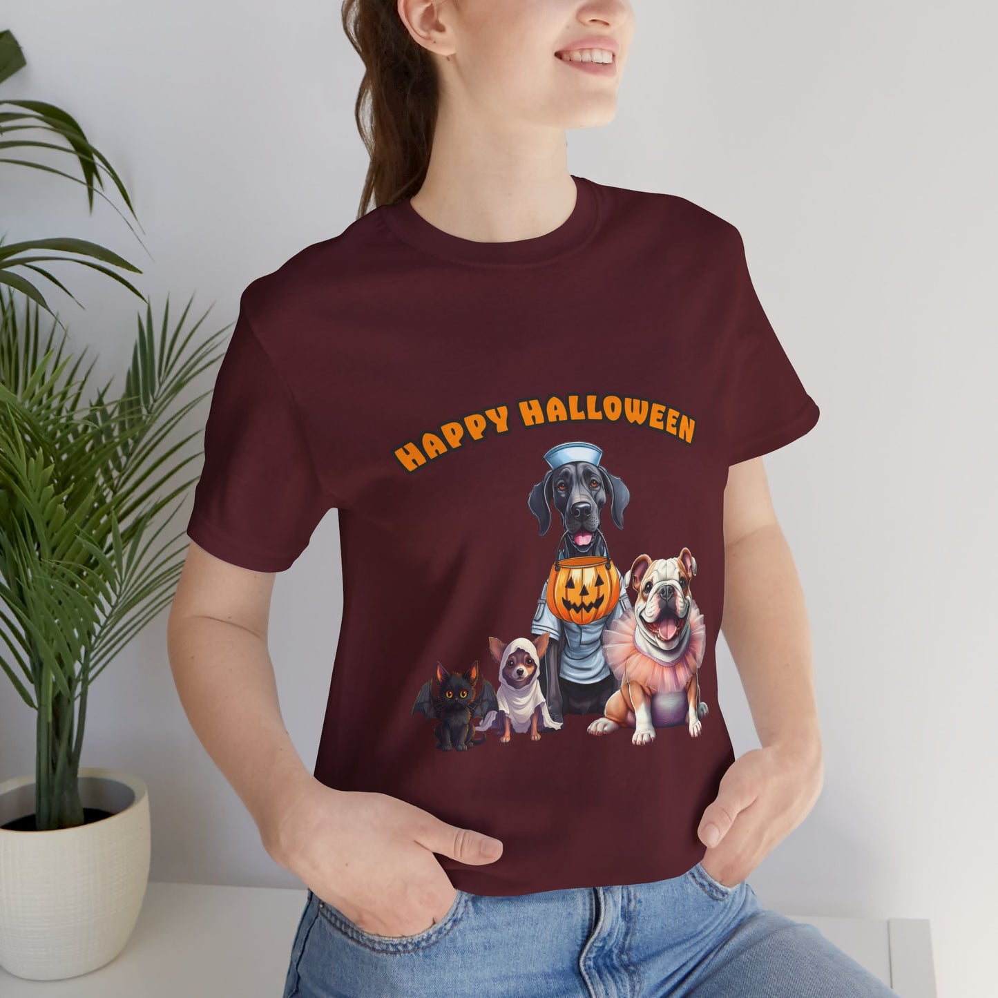 Happy Halloween Pet Parade Shirt – Cute Halloween Dogs and Cat in Costumes. Unisex Jersey Short Sleeve Tee
