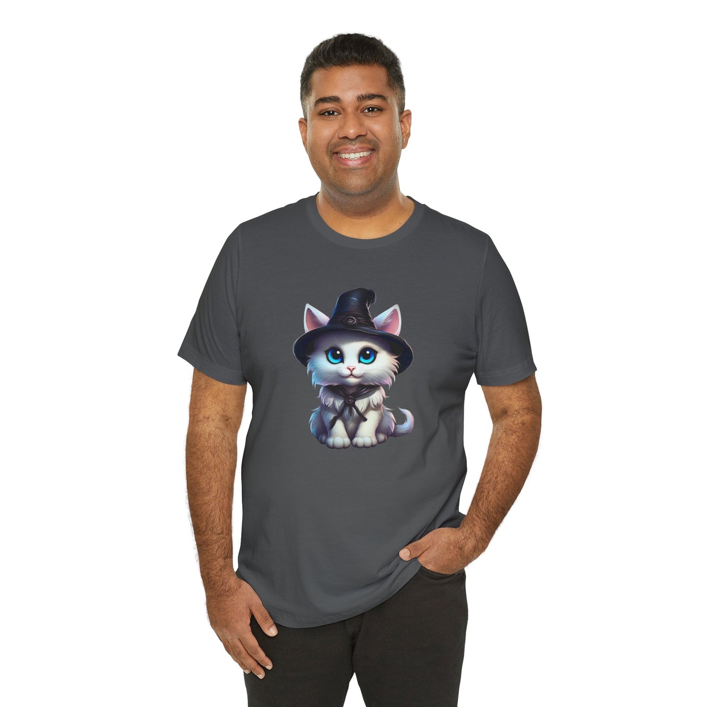 Adorable Witch Cat Halloween Shirt – Cute White Cat in Hat Graphic Tee for Cat Lovers and Halloween Fans