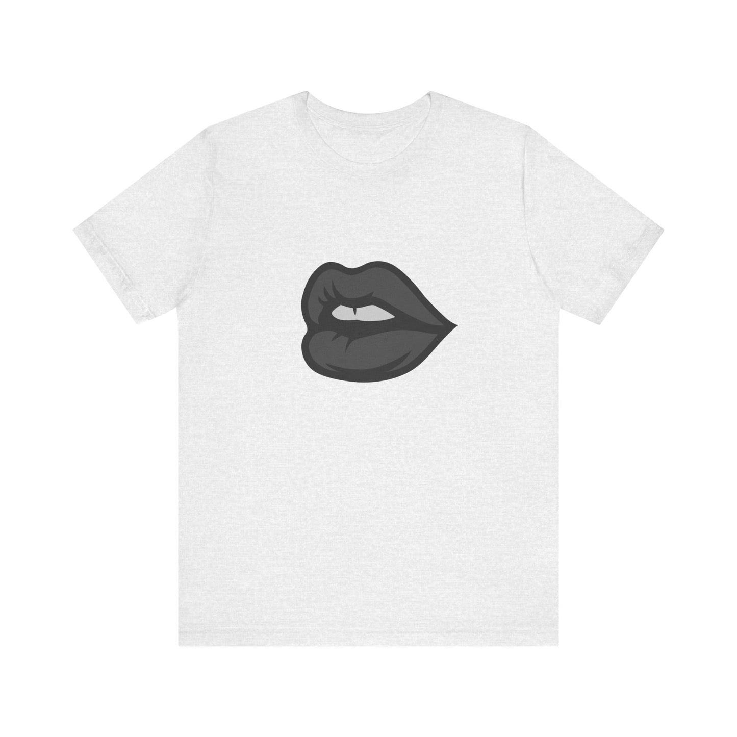 Dark Lips Graphic T-Shirt – Dark Theme Grayscale Biting Lip Design on Black Tee with Subtle Seduction and Modern Ghost Effect. Unisex Jersey Short Sleeve Tee