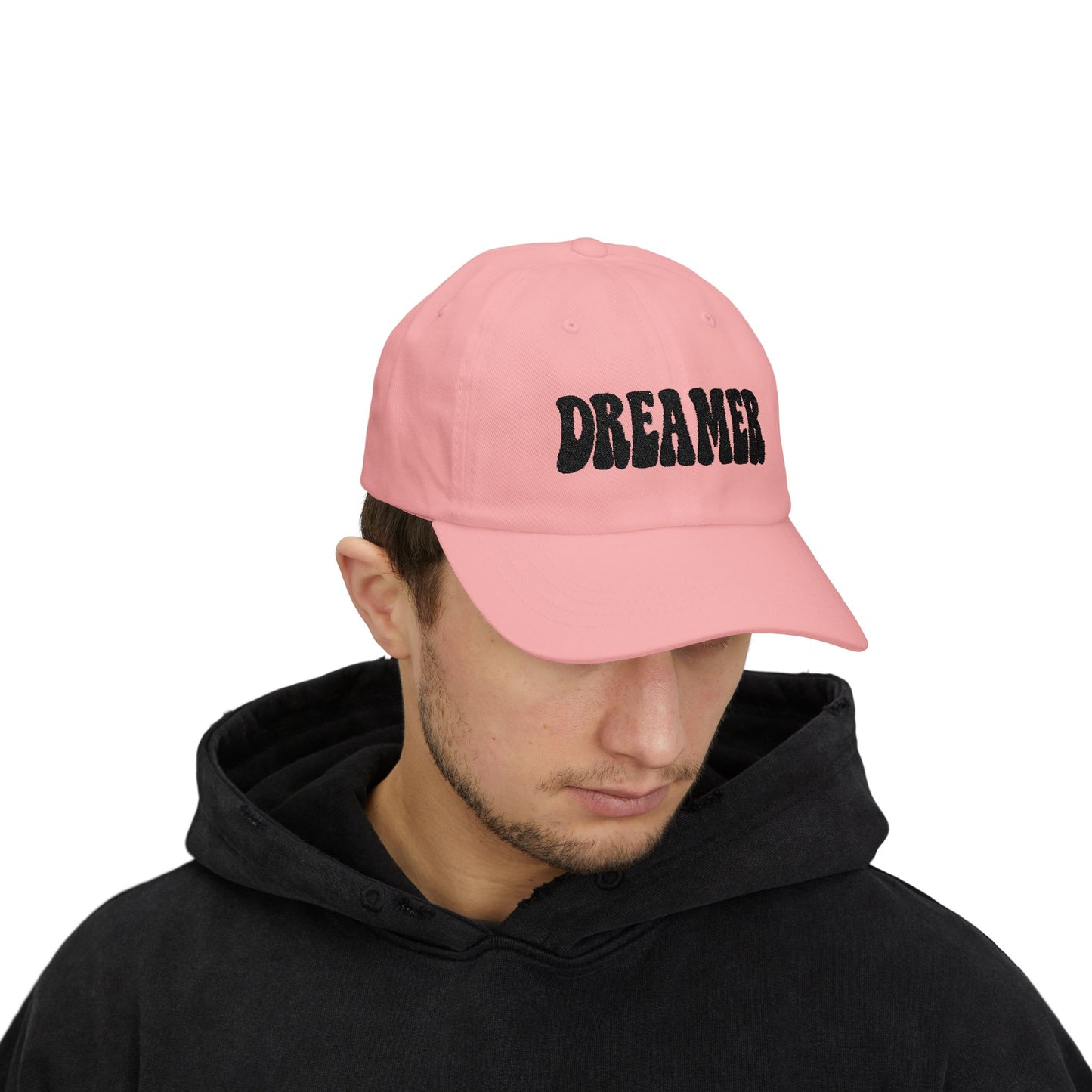 Dreamer Classic Dad Hat – Embroidered Minimalist Script Hat for Visionaries, Creatives, and Chill Daydreamers. Black Letters