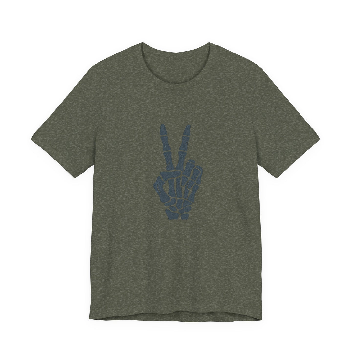 Skeleton Peace Hand Graphic T-Shirt – Gritty Dark Theme Grayscale Bones on Black Tee with Rebellious Calm and Modern Ghost Effect. Unisex Jersey Short Sleeve Tee