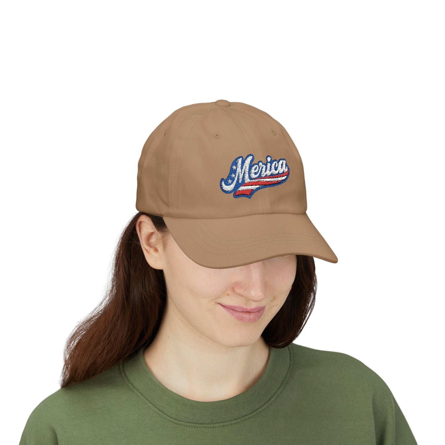 MERICA Embroidered Classic Dad Hat – Patriotic USA Hat with Bold Stars and Stripes Script Design for 4th of July and American Pride