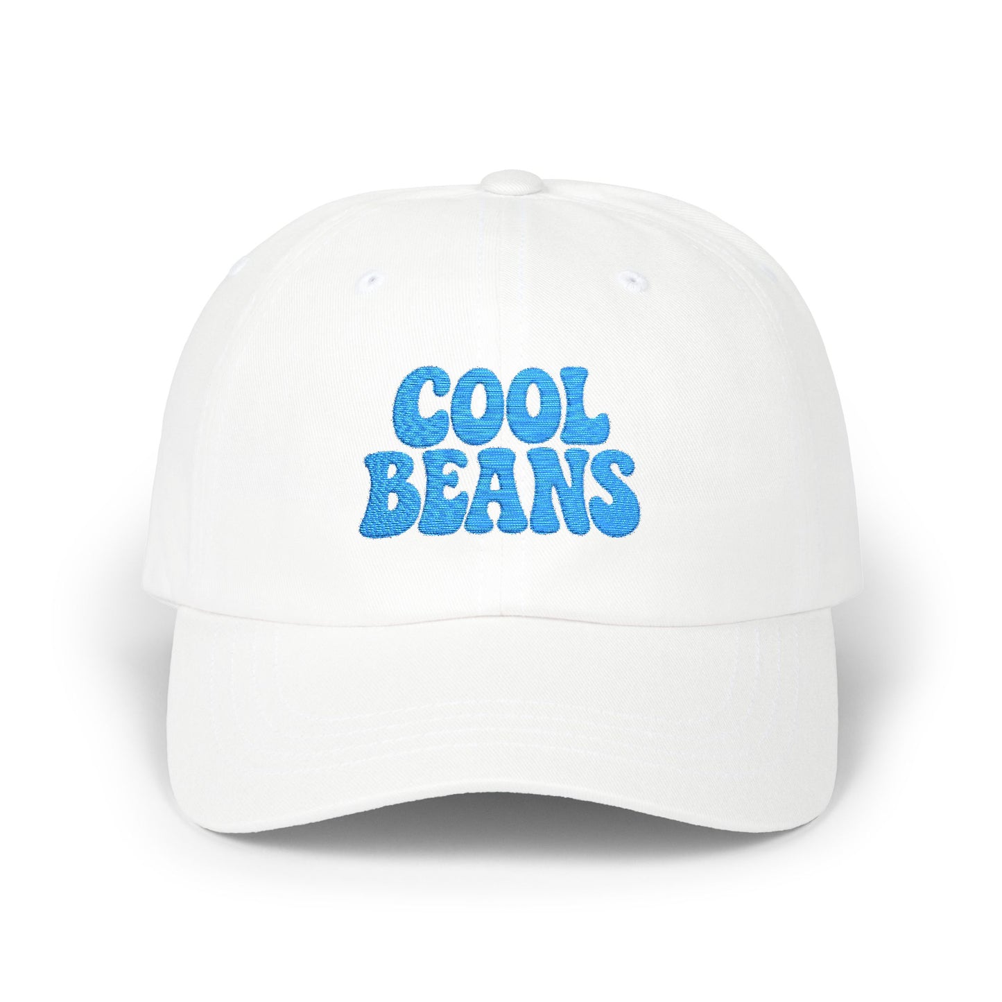 Cool Beans Classic Dad Hat – Embroidered Minimalist Text Hat for Chill Vibes and Quiet Comedy Fans. Blue Letters