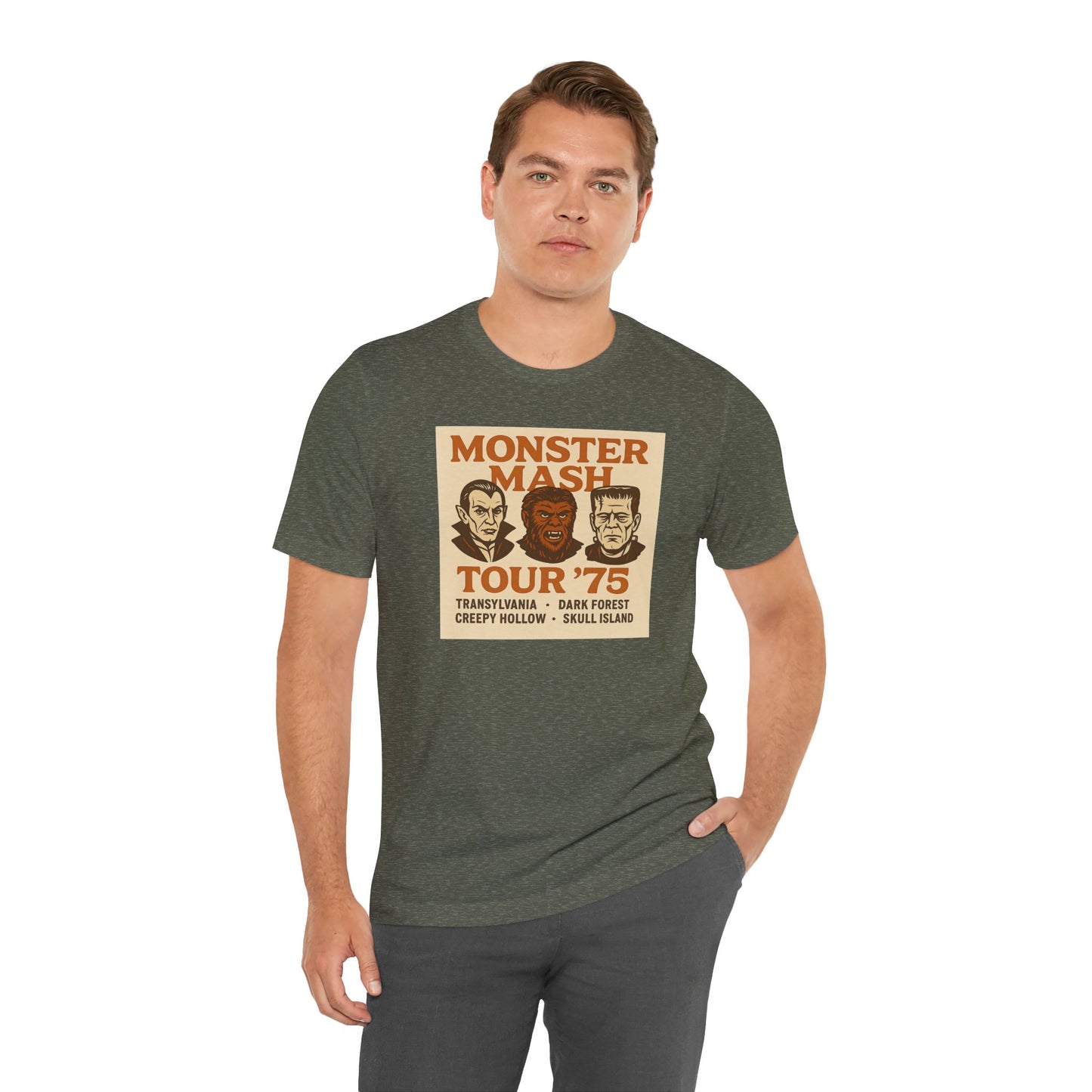 Monster Mash Tour '75 Halloween Shirt – Vintage Horror Band Tee Featuring Dracula, Wolfman, Frankenstein