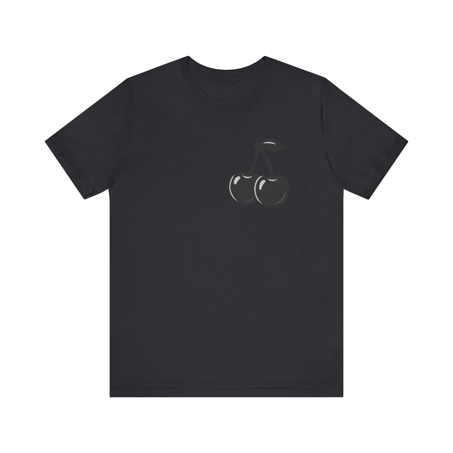 Dark Cherry Graphic T-Shirt – Minimal Dark Theme Grayscale Fruit Design on Black Tee with Subtle Style and Modern Ghost Effect. Unisex Jersey Short Sleeve Tee