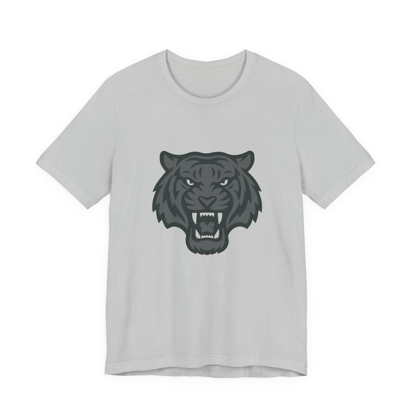 Tiger Head Graphic T-Shirt – Dark Theme Grayscale Roaring Beast Design on Black Tee with Fierce Focus and Modern Ghost Effect. Unisex Jersey Short Sleeve Tee