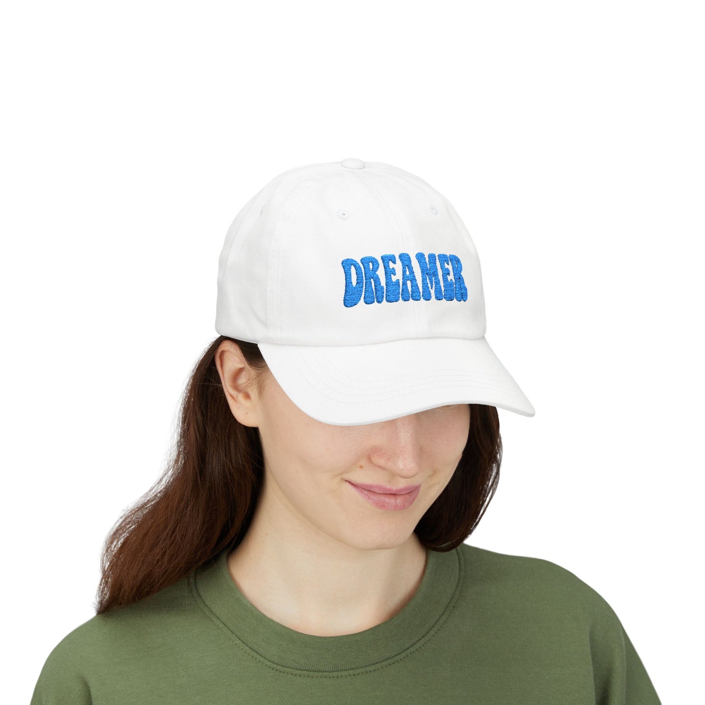 Dreamer Classic Dad Hat – Embroidered Minimalist Script Hat for Visionaries, Creatives, and Chill Daydreamers. Blue Letters