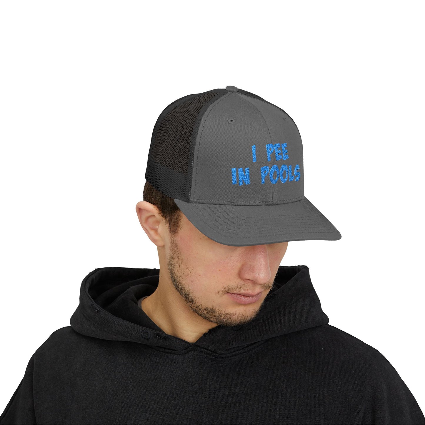 I Pee In Pools Trucker Hat – Funny Hat with Bold Blue Text for Lifeguard Terrors and Poolside Menaces