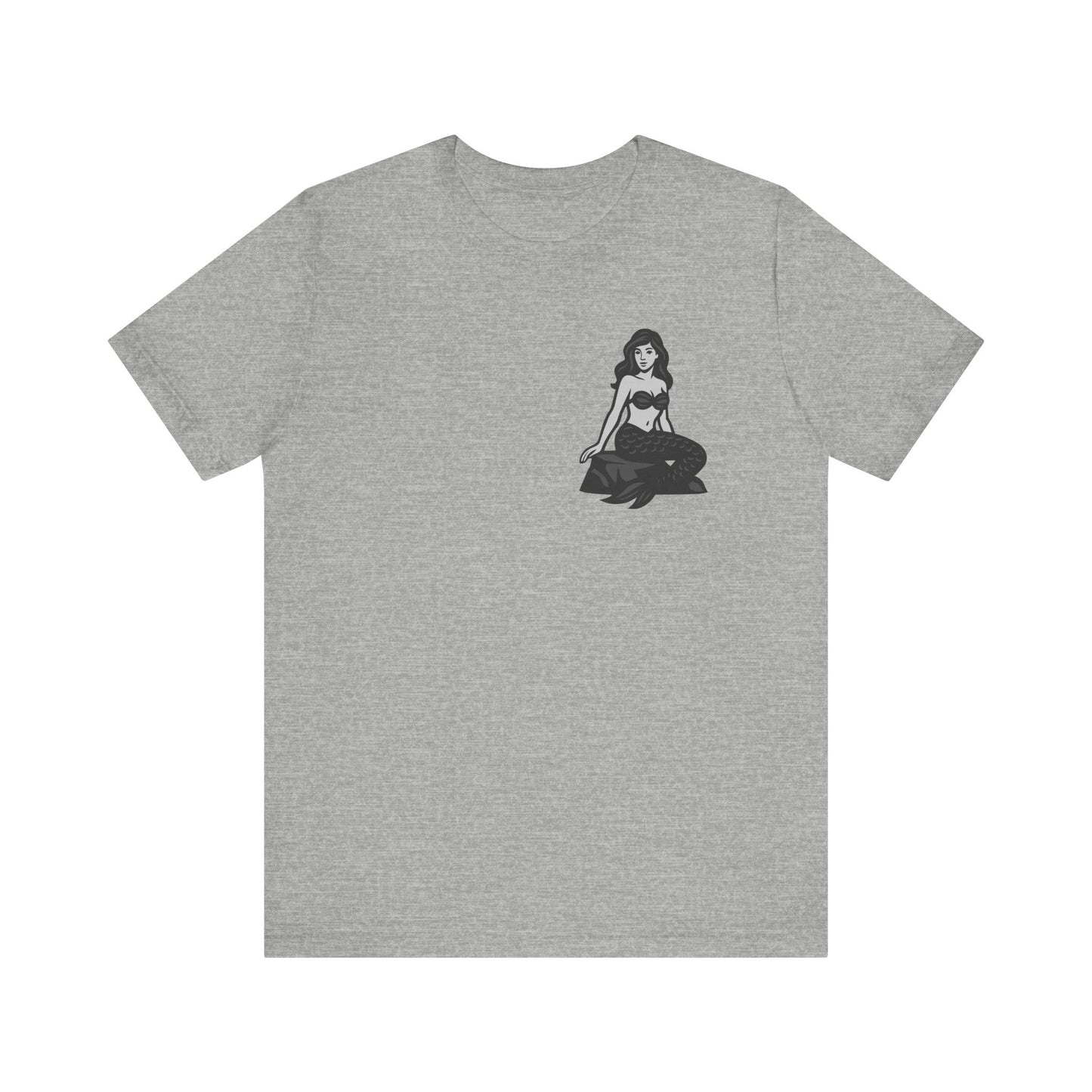 Mermaid Graphic T-Shirt – Dark Theme Grayscale Siren on Rock Design on Black Tee with Fantasy Vibes and Modern Ghost Effect. Unisex Jersey Short Sleeve Tee
