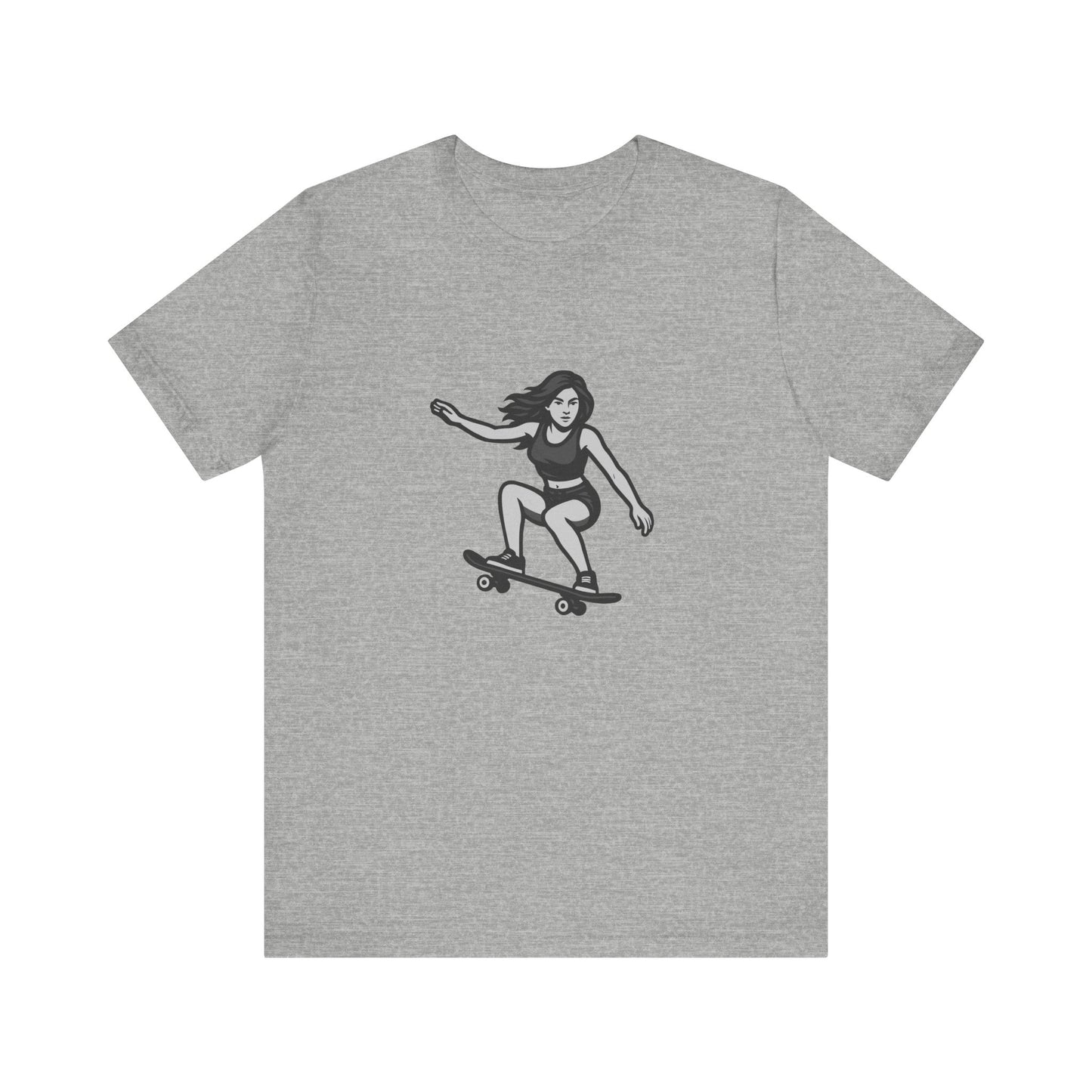 Skater Girl Graphic T-Shirt – Dark Theme Grayscale Skateboarding Design on Black Tee with Bold Motion and Modern Ghost Effect. Unisex Jersey Short Sleeve Tee