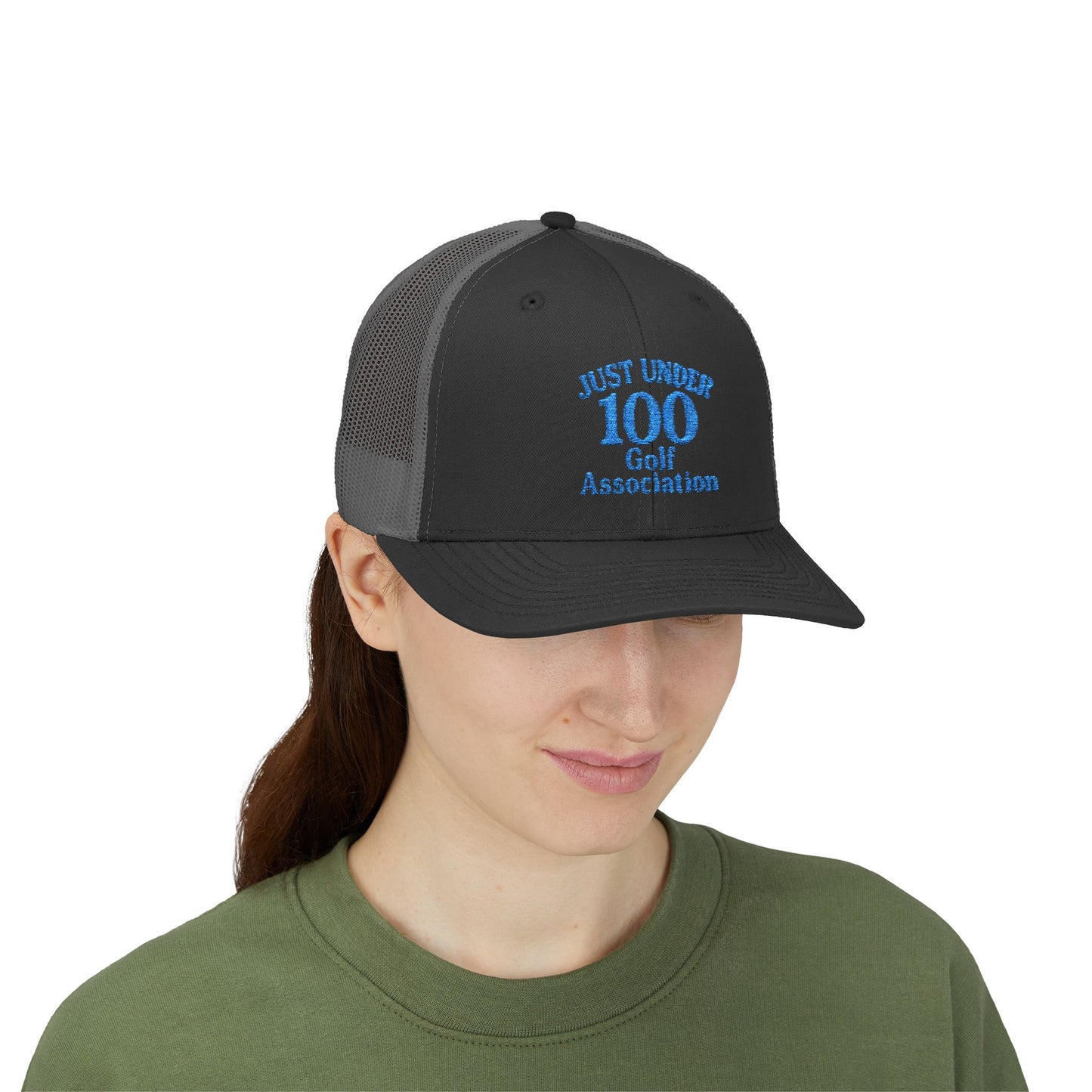Just Under 100 Golf Trucker Hat – Embroidered Funny Golf Hat for Weekend Golfers and Casual Fairway Vibes. Blue Letters