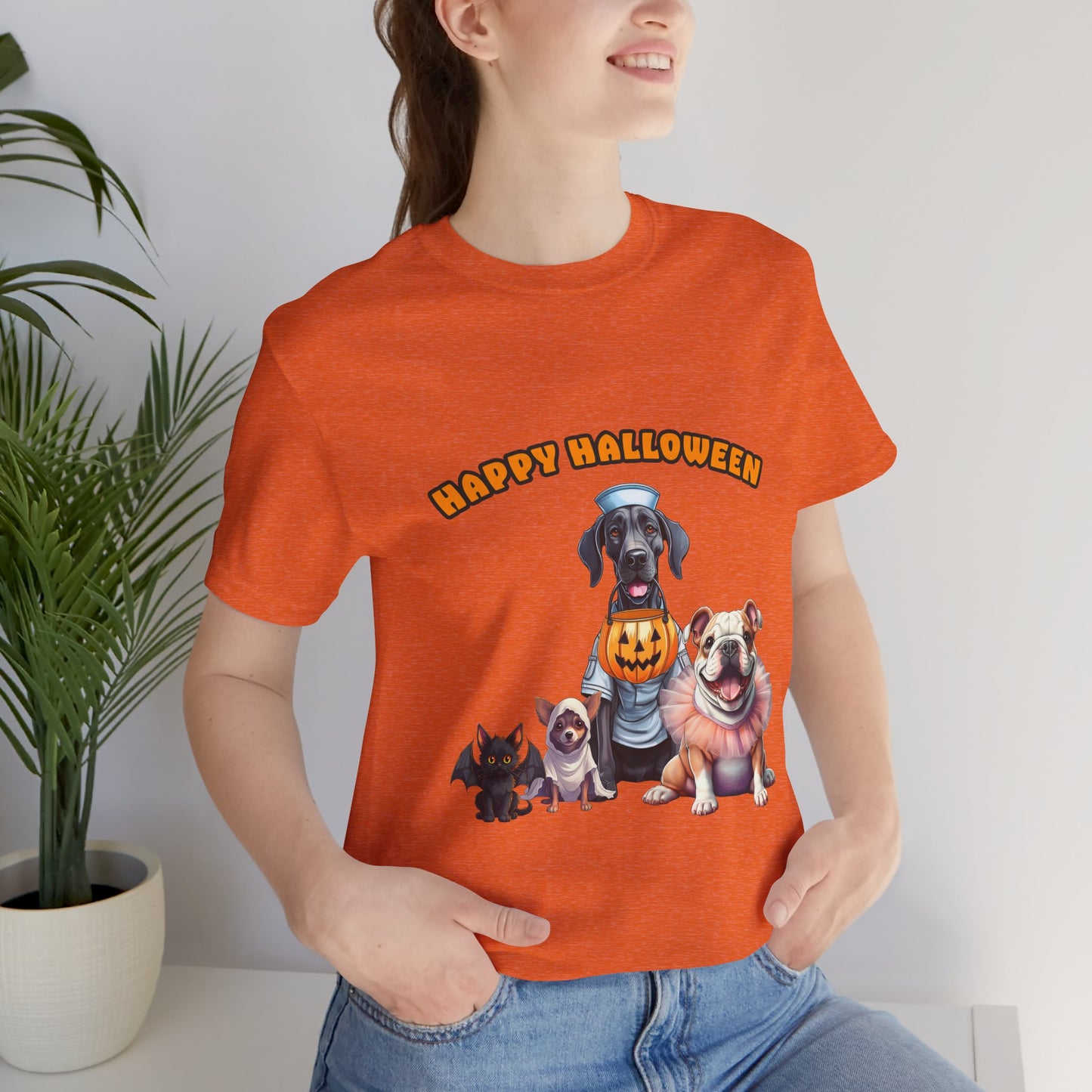 Happy Halloween Pet Parade Shirt – Cute Halloween Dogs and Cat in Costumes. Unisex Jersey Short Sleeve Tee