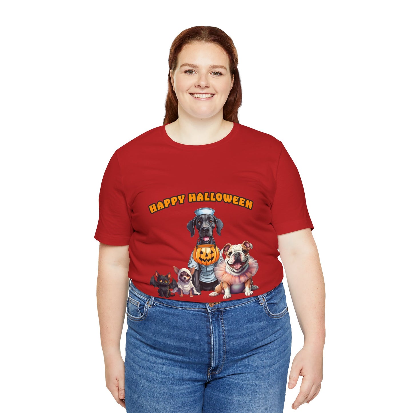 Happy Halloween Pet Parade Shirt – Cute Halloween Dogs and Cat in Costumes. Unisex Jersey Short Sleeve Tee