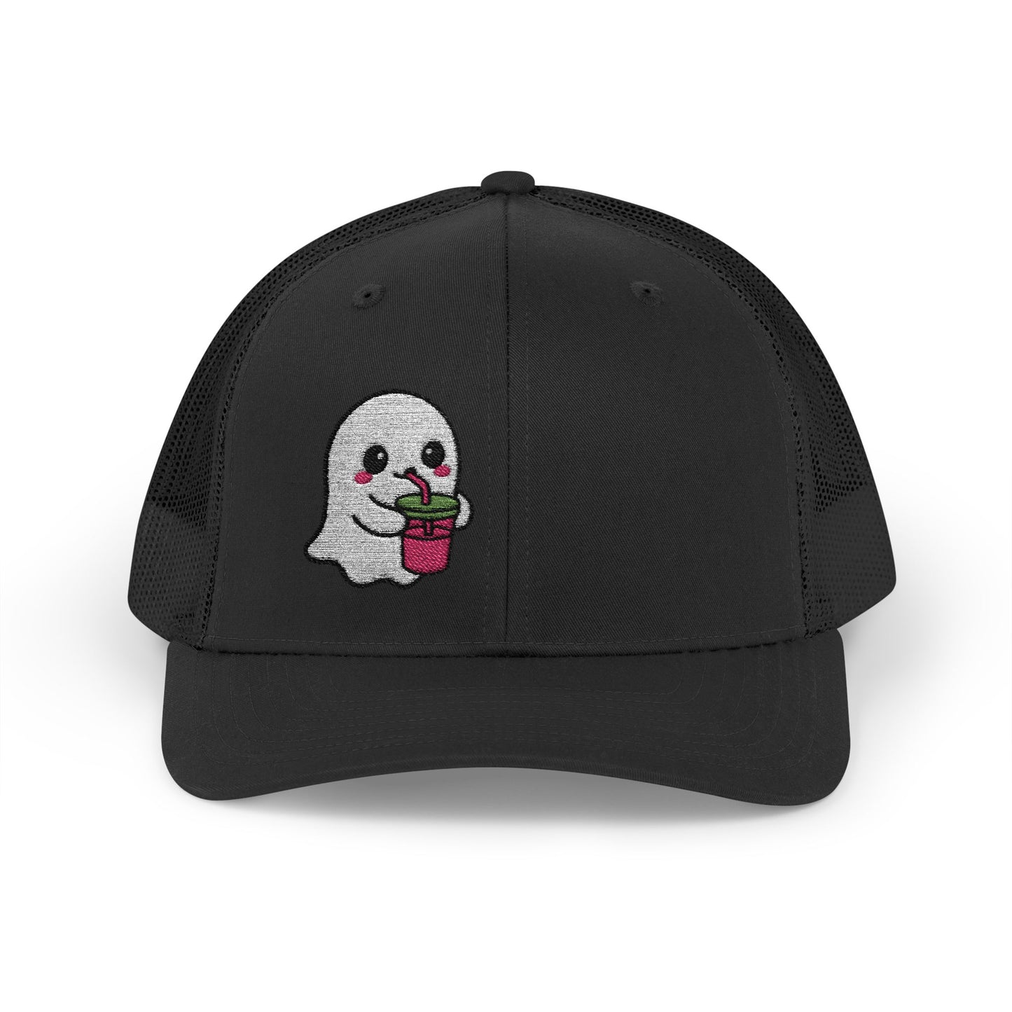 Cute Ghost Trucker Hat – Embroidered Kawaii Ghost Drinking Hat for Halloween Vibes and Everyday Boo Energy