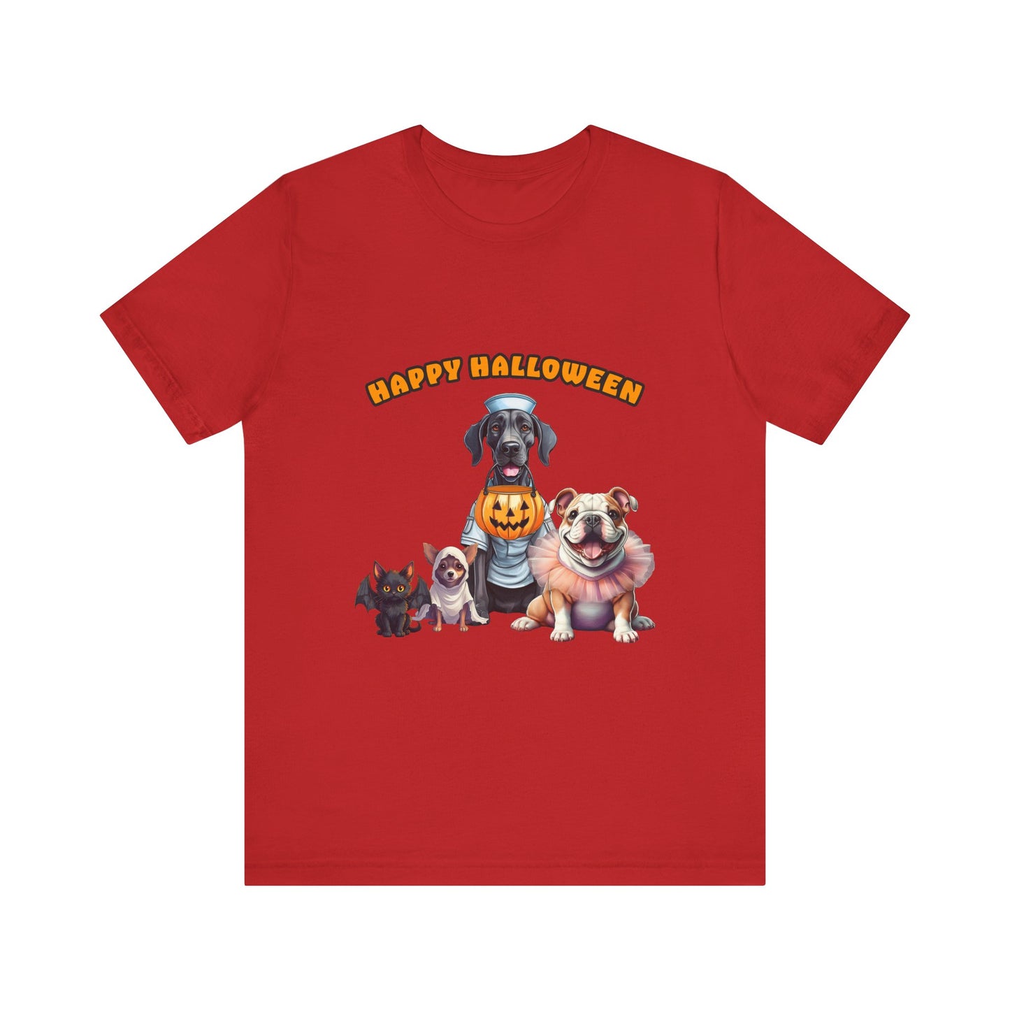 Happy Halloween Pet Parade Shirt – Cute Halloween Dogs and Cat in Costumes. Unisex Jersey Short Sleeve Tee