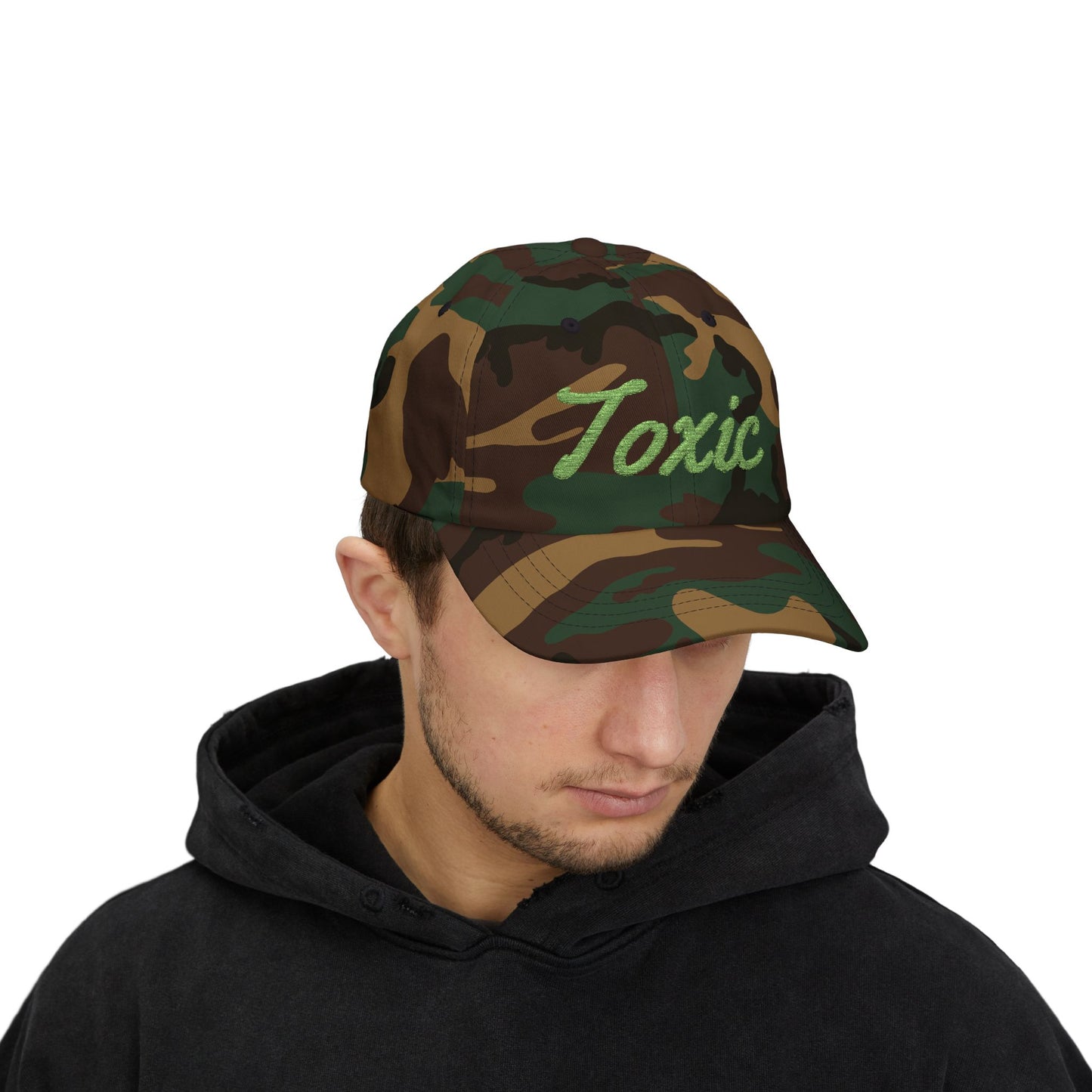 Toxic Embroidered Classic Dad Hat – Green Script Baseball Hat with Ironic Flair for Agents of Chaos and Certified Trouble
