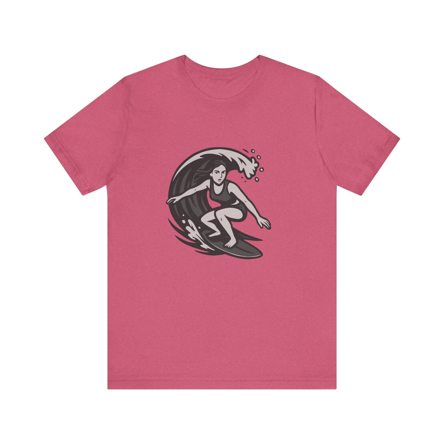 Surf Girl Graphic T-Shirt – Dark Theme Grayscale Female Surfer Riding Wave on Black Tee with Flow State Energy and Modern Ghost Effect. Unisex Jersey Short Sleeve Tee