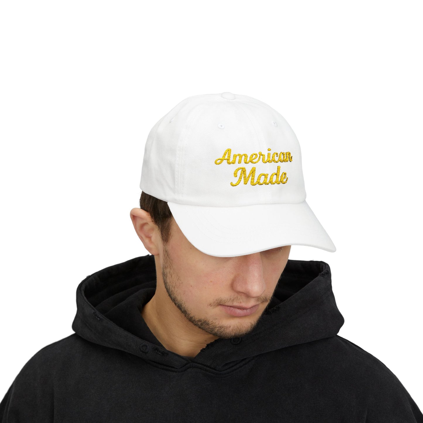 American Made Classic Dad Hat – Embroidered Patriotic Baseball Hat with Retro Script for USA Pride and Everyday Wear. Yellow letters