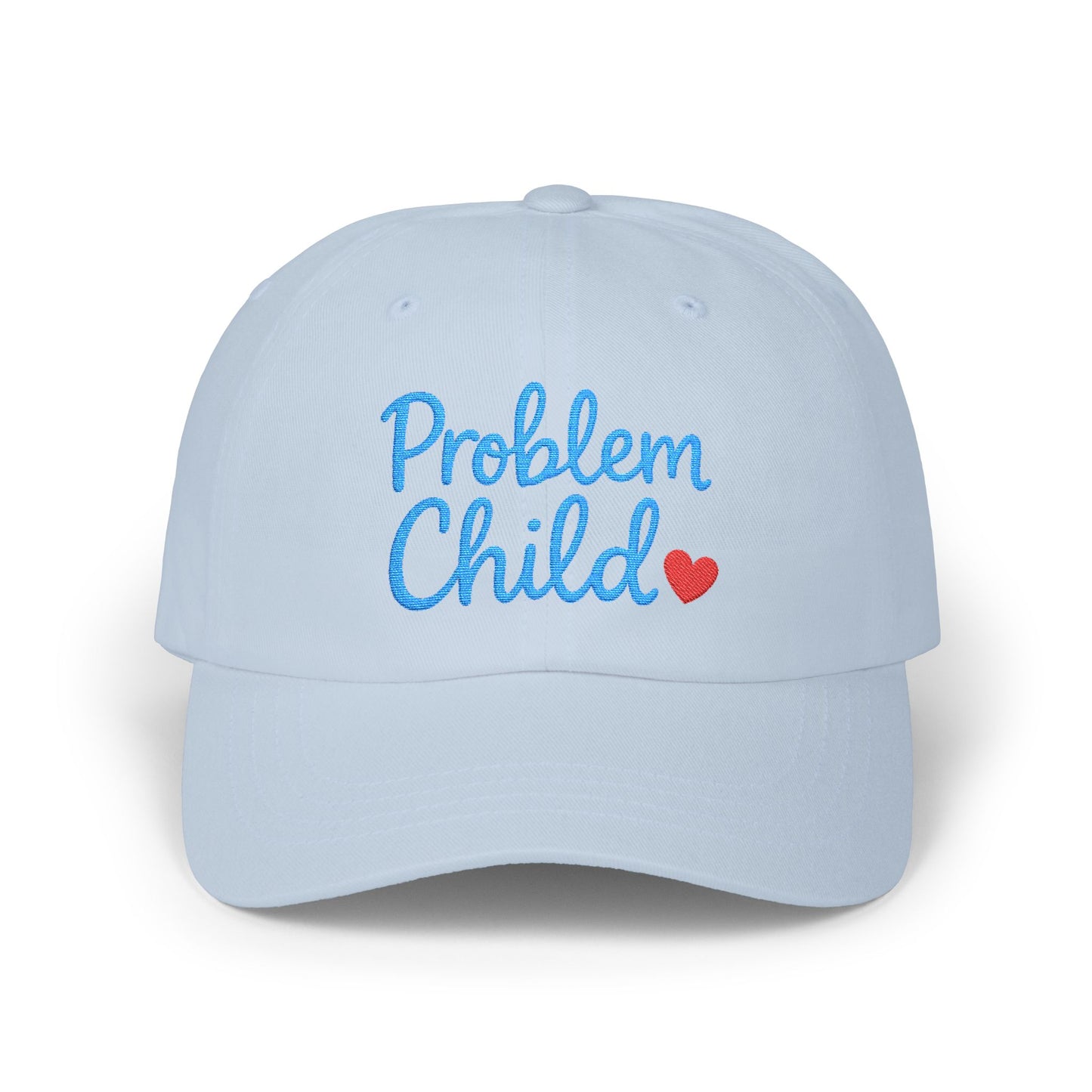 Problem Child Embroidered Classic Dad Hat – Bold Script Baseball Hat with Red Heart for the Unruly and Unapologetic. Blue Letters