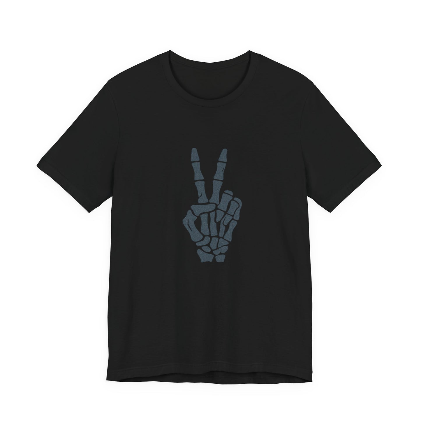 Skeleton Peace Hand Graphic T-Shirt – Gritty Dark Theme Grayscale Bones on Black Tee with Rebellious Calm and Modern Ghost Effect. Unisex Jersey Short Sleeve Tee