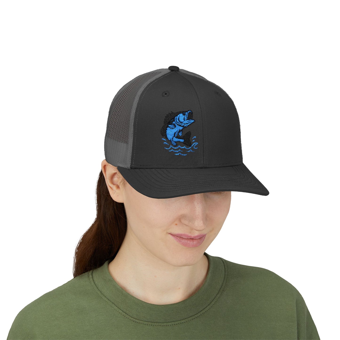 Jumping Fish Trucker Hat – Embroidered Blue Fishing Hat for Anglers, Lake Days, and Outdoor Style