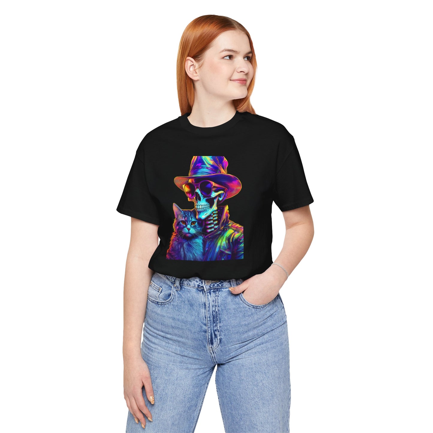Cool Skeleton and Cat Halloween Shirt – Neon Retro Horror Graphic Tee for Spooky Style and Cat Lovers