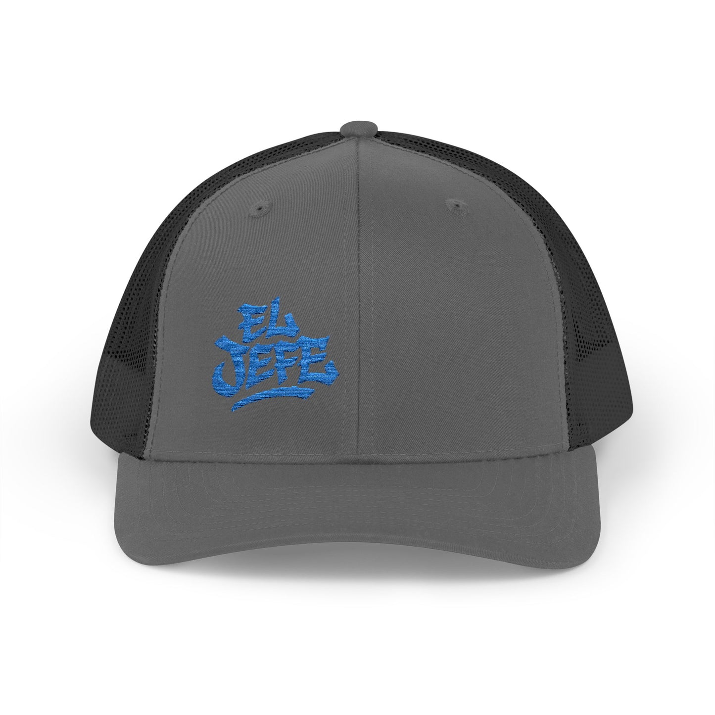 El Jefe Trucker Hat – Embroidered Bold Text Hat for Boss Energy, Leadership Style, and Latin Flair. Blue Letters