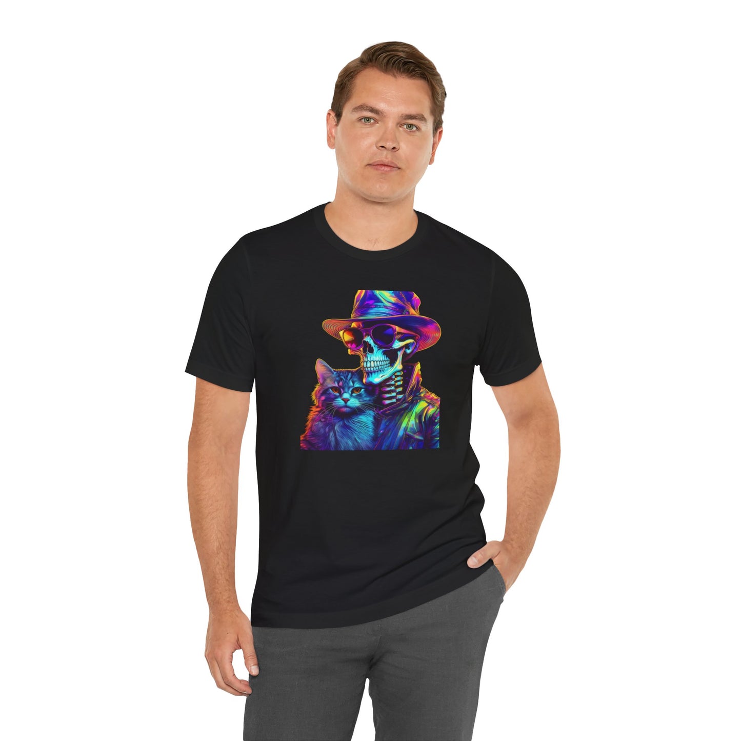 Cool Skeleton and Cat Halloween Shirt – Neon Retro Horror Graphic Tee for Spooky Style and Cat Lovers