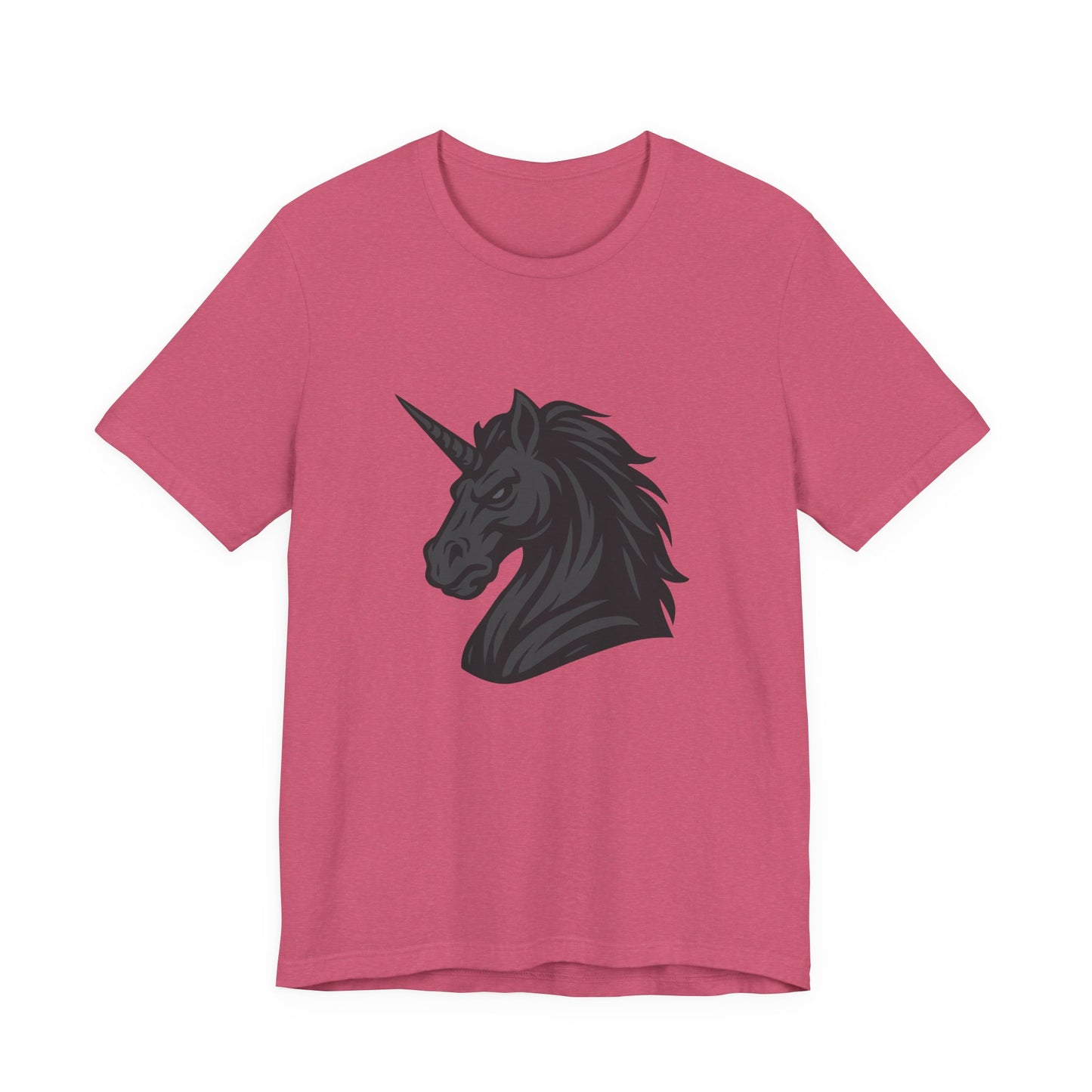 Dark Unicorn Profile T-Shirt – Dark Theme Grayscale Fierce Mythical Horse Design on Black Tee with Gothic Magic and Modern Ghost Effect. Unisex Jersey Short Sleeve Tee