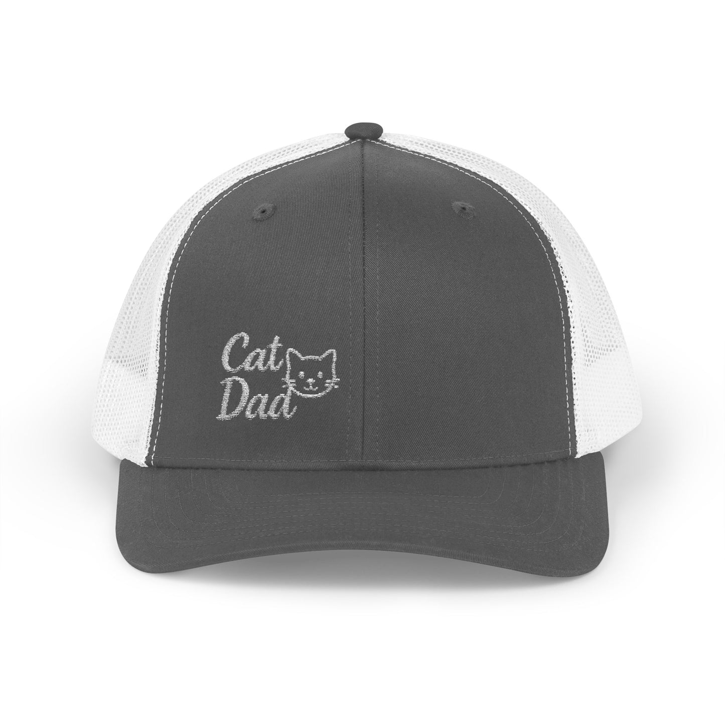 Cat Dad Trucker Hat – Embroidered Minimalist Cat Face Hat for Proud Pet Dads and Feline Fans. White Letters