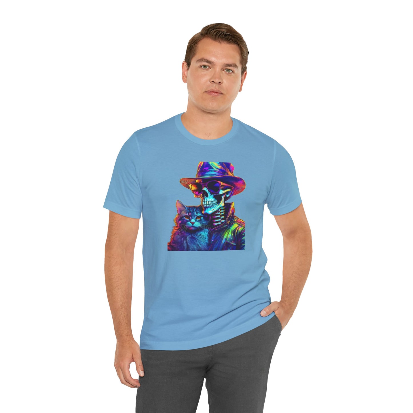 Cool Skeleton and Cat Halloween Shirt – Neon Retro Horror Graphic Tee for Spooky Style and Cat Lovers