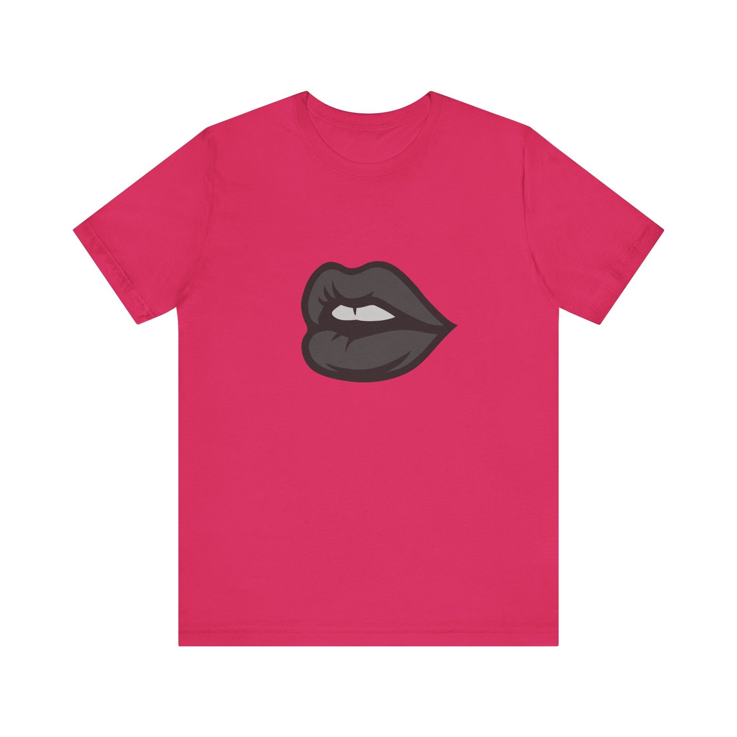 Dark Lips Graphic T-Shirt – Dark Theme Grayscale Biting Lip Design on Black Tee with Subtle Seduction and Modern Ghost Effect. Unisex Jersey Short Sleeve Tee